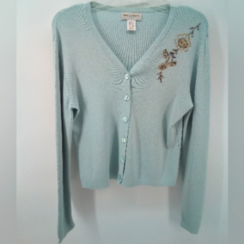 Draper's & Damon's Baby Blue Beaded Flower Ribbed Button Cardigan S Career
